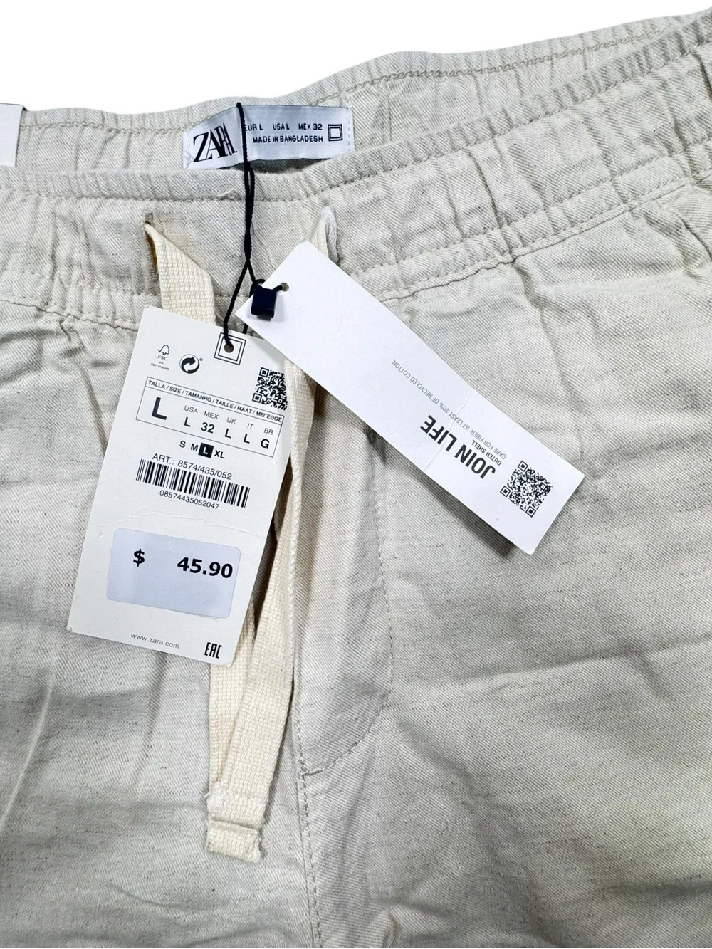 Zara Beige Linen blend relaxed fit beach tie waist pants size Large NWT
